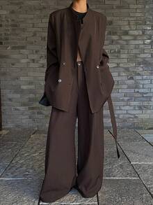 DAZY Bộ 2 món áo khoác blazer và quần ống đứng kèm thắt lưng rộng rãi cho nữ, thường ngày - Cà phê nâu - Xem 1