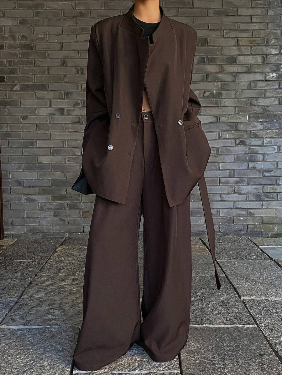 DAZY Bộ 2 món áo khoác blazer và quần ống đứng kèm thắt lưng rộng rãi cho nữ, thường ngày - Cà phê nâu - Xem 1