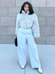 Alexandranx Women's Casual Light Gray Faux Wool Short Padded Coat In Fall/Winter - Light Grey - View 1