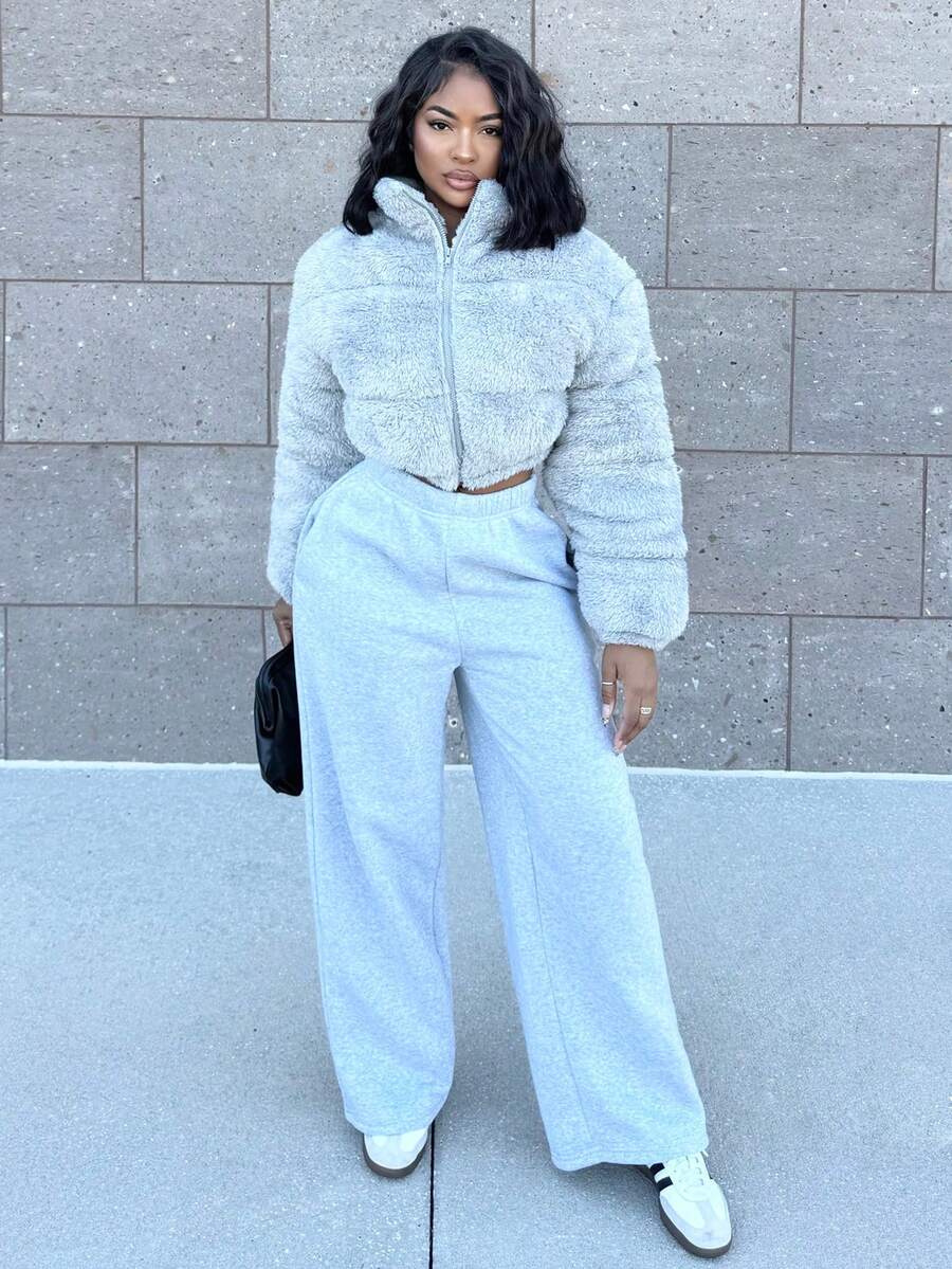 Alexandranx Women's Casual Light Gray Faux Wool Short Padded Coat In Fall/Winter - Light Grey - View 1