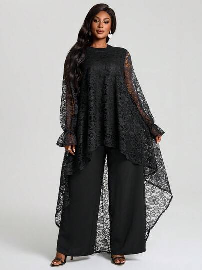 EMERY ROSE Plus Size Casual Loose Long Sleeve Asymmetric Hem Top And Pants 2 Pieces Set Winter Clothes New Year New Year Outfit Party Outfit  Legant Dress Women Valentine's Day Elegant Women's Sets Valentine's Day