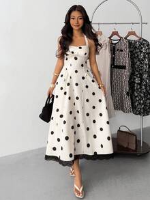 少女休闲优雅黑白波点印花甜心领蝴蝶结腰部褶皱连衣裙，法式时尚长裙，白色连衣裙，适合情人节、春季外出、波西米亚风连衣裙 - 白色 - 查看 2