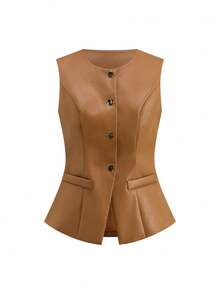 Ellevyn Women's Autumn PU Leather Black Motorcycle Jacket Vest - Camel - View 6