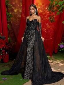 Glamrae Robe élégante, luxueuse et sexy avec épaules dénudées, décoration en dentelle française, structure en arête de poisson, ourlet en queue de poisson avec accent pailleté. Convient pour les bals, les événements d'affaires, les fêtes privées, les anniversaires, les vacances, les mariages et autres occasions formelles. - Noir - Voir 4