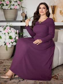 Modelyn Váy dài tay chữ A dáng suông họa tiết hoa hồng phong cách Pháp thanh lịch cho nữ cỡ lớn, phong cách tối giản, sang trọng, thu/đông - Màu tím - Xem 3