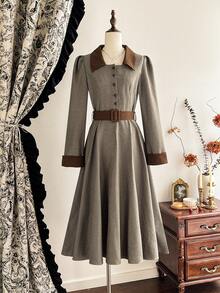 Vintamour Vintage Classic Elegant Women's Dress, Autumn/Winter Fitted Colorblock Plaid Dress With Collar, Belt, Pockets, Long Sleeve, Brown