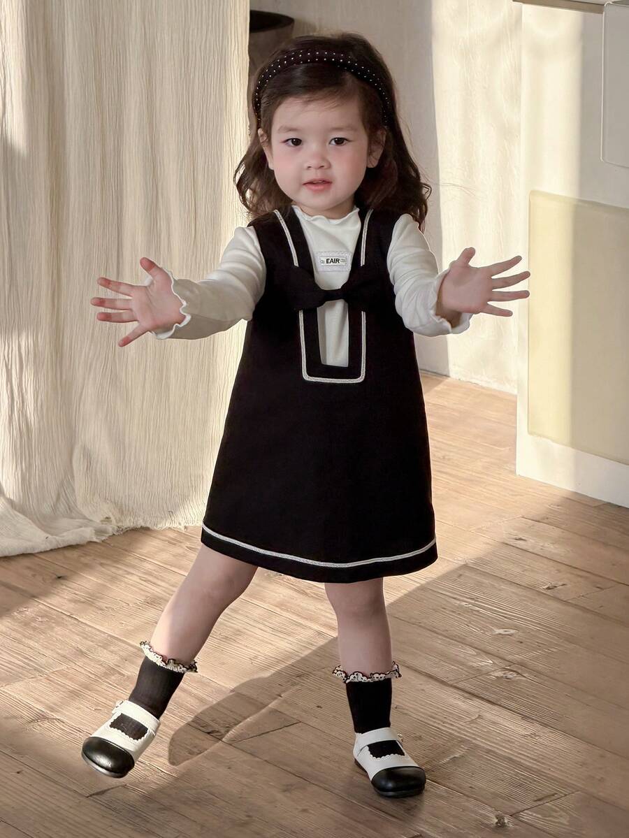 DAZY Toddler Girls' Bowknot Hollow Out Layered Spring/Autumn Dress - Black - View 1