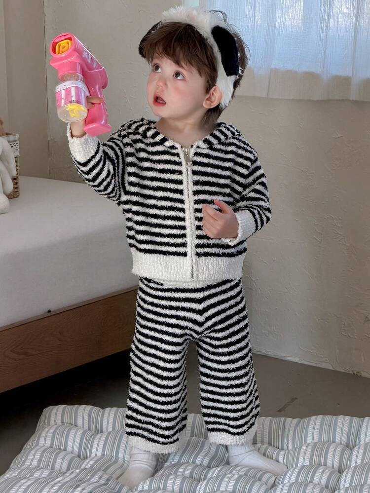 2pcs Toddler Boys' Hooded Striped Casual Top And Pants Set, Korean Style Loungewear