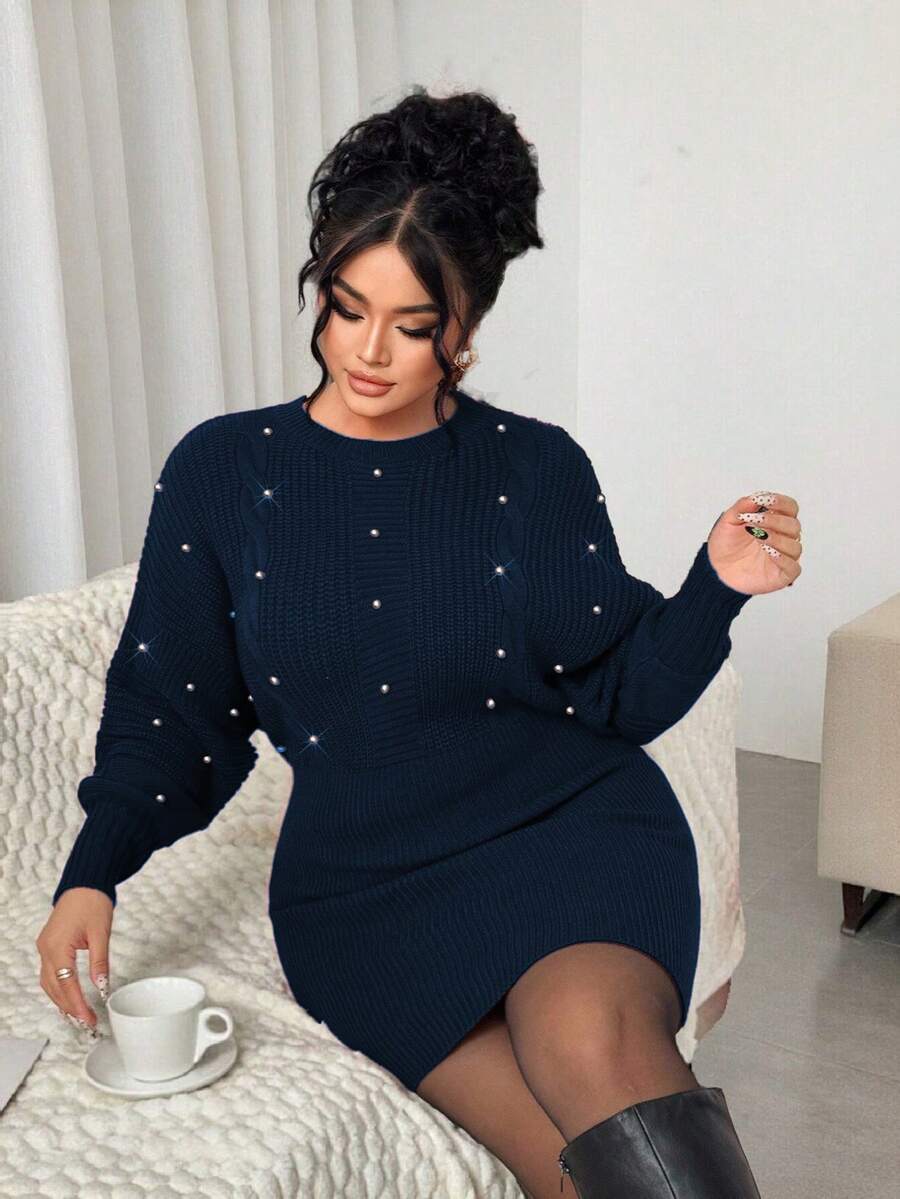 Elenzga Váy len dài tay đính hạt thanh lịch cỡ lớn cho nữ, phù hợp cho các buổi hẹn hò và buổi tối, mùa thu/đông - Xanh đậm - Xem 1