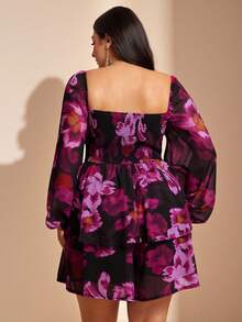 SHEIN BAE Bộ đồ liền thân rộng rãi cổ vuông in hoa tay loe cỡ lớn dành cho nữ - Màu tím - Xem 2