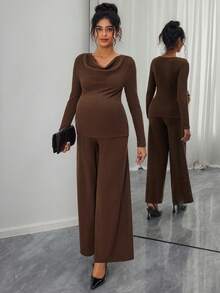 SHEIN Elegant Casual Loose Camel Ribbed Knit Top And Pants Maternity Two Pieces Set, Suitable For Commuting In Spring And Autumn - Coffee Brown - View 4
