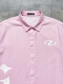 AXEPEAK Men's Loose Fit Letter & Plaid Print Short Sleeve Woven Shirt - Pink - View 5