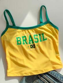 Comfortcana Brazil Flag Print Sleeveless Tank Top With Sports Team Design - Yellow - View 5
