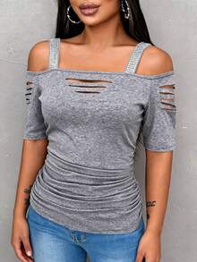 EMERY ROSE 性感露肩水钻紧身短袖上衣，时尚女式T恤，黑色，秋季款 - 灰色 - 查看 1