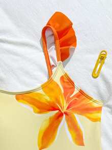 SHEIN Teen Girl Floral Print Ruffled Strap Swimsuit With Sarong Skirt,2pcs Orange One Piece Bathing Suit Set,Summer Beach Vacation Holiday Swimwear Outfit - Multicolor - View 3