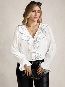 SHEIN LUNE Plus Size Women Contrast Color Ruffle Hem Long Sleeve Fashion Blouse White Top For New Year's Eve Spring Women Spring Breaks - White - View 2
