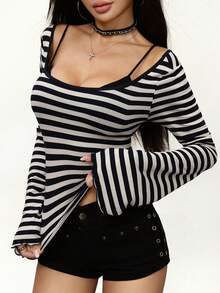 Rina Fox Women's Casual Striped Backless Tie T-Shirt, Autumn - Black and White - View 3