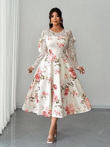 Elenzga 大码女士优雅蕾丝拼接印花连衣裙 - 彩色 - 查看 3