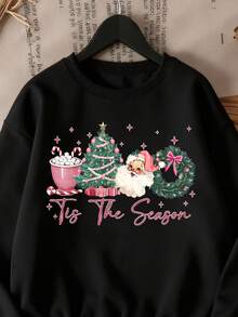 EMERY ROSE Plus Size Christmas Letter & Cartoon Print Crew Neck Long Sleeve Pullover Sweatshirt Fall - Black - View 4