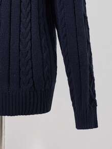 Manfinity Homme Men's Casual Solid Color Cable Knit Drop Shoulder Sweater, Autumn/Winter - Navy Blue - View 4