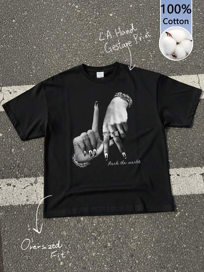 Attitoon Women's Casual Loose Fit Drop Shoulder Crew Neck Short Sleeve Black T-Shirt With LA Hand Gesture Print - Summer/Fall/Winter Streetwear, Vintage Retro Hip-Hop Style, Back To School & Women's Casual Outfits,Graphic Tees