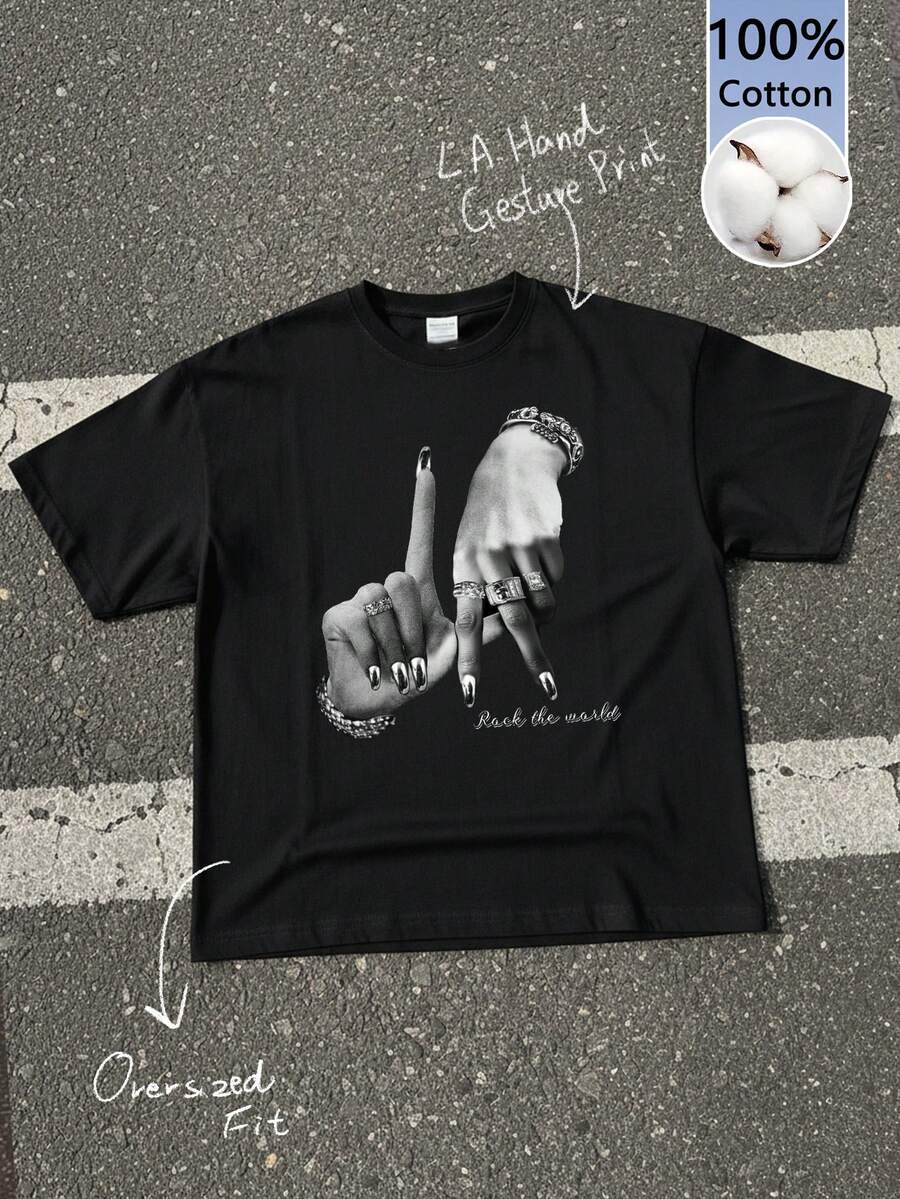 Attitoon Women's Casual Loose Fit Drop Shoulder Crew Neck Short Sleeve Black T-Shirt With LA Hand Gesture Print - Summer/Fall/Winter Streetwear, Vintage Retro Hip-Hop Style, Back To School & Women's Casual Outfits,Graphic Tees