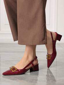 Sleekvia Damskie buty na grubym obcasie z noskiem w szpic, z metalową klamrą, w modnym stylu, w kolorze bordowym, z paskiem z tyłu i klamrą - Burgund - Zobacz 3