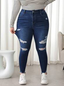 SHEIN Tall CURVE Quần jean denim co giãn dành cho nữ cỡ lớn mùa đông xuân, kiểu dáng ôm sát thanh lịch, thiết kế rách nhẹ. - Rửa tối - Xem 2