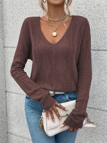 SHEIN LUNE Women's Casual Solid Color V-Neck Hollow Out Knitted Oversized Sweater, Autumn/Winter - Chocolate Brown - View 4
