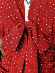 EgrlEra Áo cánh tay ngắn họa tiết chấm bi viền bèo nhún cho nữ - Màu Đỏ Sâu - Xem 3