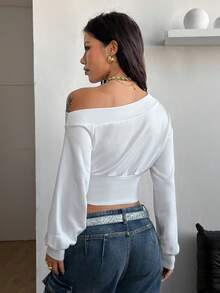 Coolane Sudadera gris básica de manga larga y hombros descubiertos para salir, estilo urbano de otoño/invierno para mujer - Blanco - Ver 2