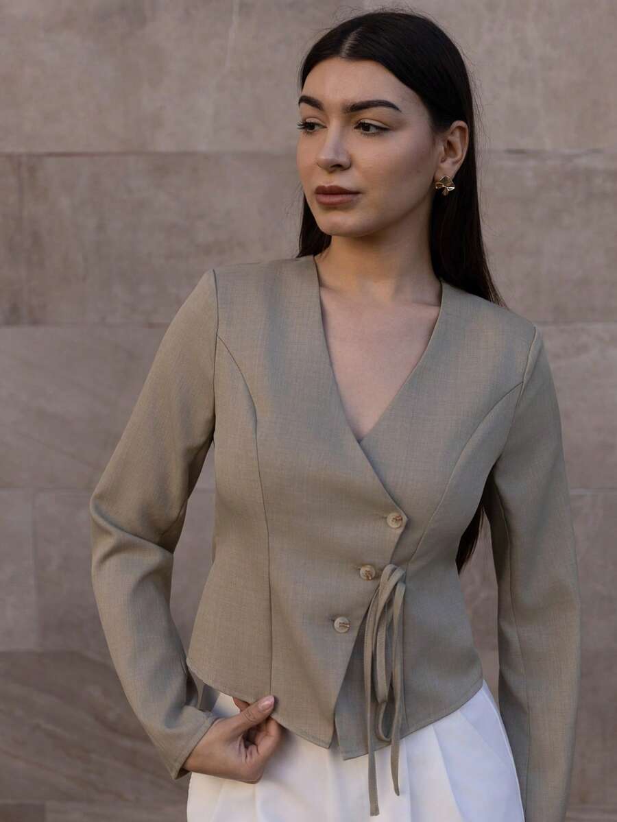 Andrea Bello Women's Shirt Asymmetrical Button Placket Tie Green Shirt Women's Jacket Women's Suit Jacket Casual Women Elegant Commuting Solid Color Oblique Collar Blouse Winter Coat Winter Jacket Fall Tops Fall Clothes For Women Winter Clothes For Women Fall Outfits Going Out Tops Business Casual Woman Old Money Outfits Women Button Up Shirt Women - Green - View 1