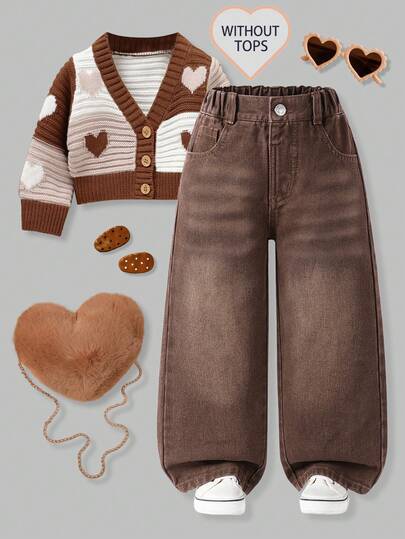 SHEIN Young Girl' Vintage Coffee Brown Washed All-Match Simple Versatile Loose Comfortable Flared Coffee Brown Denim Wide Leg Pants, Suitable For School, Sports Day, Autumn Outing