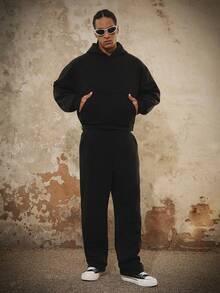 PAVTROS Sudadera con capucha de unicolor y pantalón de chándal casual para hombre, otoño/invierno - Negro - Ver 1