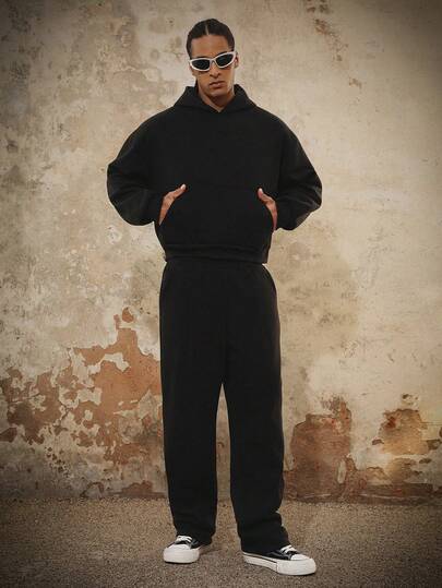 PAVTROS Men's Solid Color Hooded Pocket Long Sleeve Sweatshirt And Sweatpants Casual Suit, Autumn/Winter Sweatsuit For Men Co Ord Men Black Baggy Sweat Pants Men Knit Two Piece Set Men Man Sweat Suit