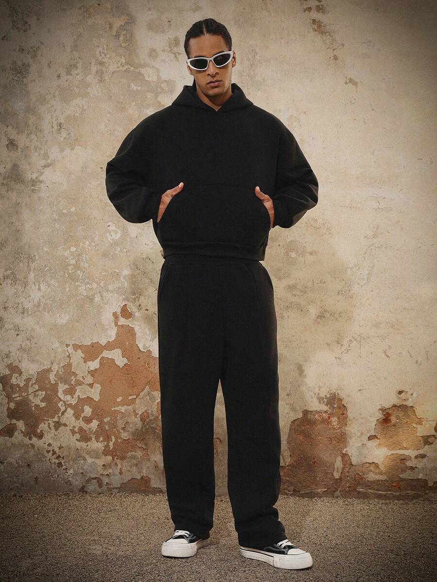 PAVTROS Sudadera con capucha de unicolor y pantalón de chándal casual para hombre, otoño/invierno - Negro - Ver 1