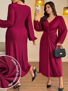 Vionelle Plus Size Satin Shiny Long Dress With Lantern Sleeves, Twist Front Detail, Hidden Zipper, Romantic Party Dress, Autumn/Winter Women Elegant Dress Elegant Midi Dress Long Sleeve Elegant Dress Twist Front Dress Curve Elegant Dress Chinese New Year - Burgundy - View 11