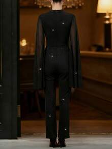 EMERY ROSE Women's Glittery Cape Sleeve Fashionable Black Jumpsuit - Black - View 2