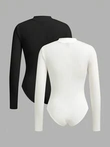 SHEIN PETITE 2pcs Women Casual Stand Collar Half Zip Front Skinny Bodysuit Set, Ribbed Fabric, Riding Horse Logo Print Autumn And Winter - Multicolor - View 2