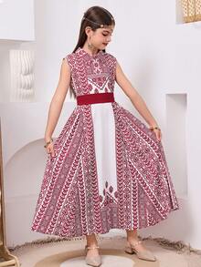 Tween Girl Casual Vacation Spring/Summer Print Contrast Color Belt Patchwork A-Line Sleeveless Dress, Red - Red - View 4