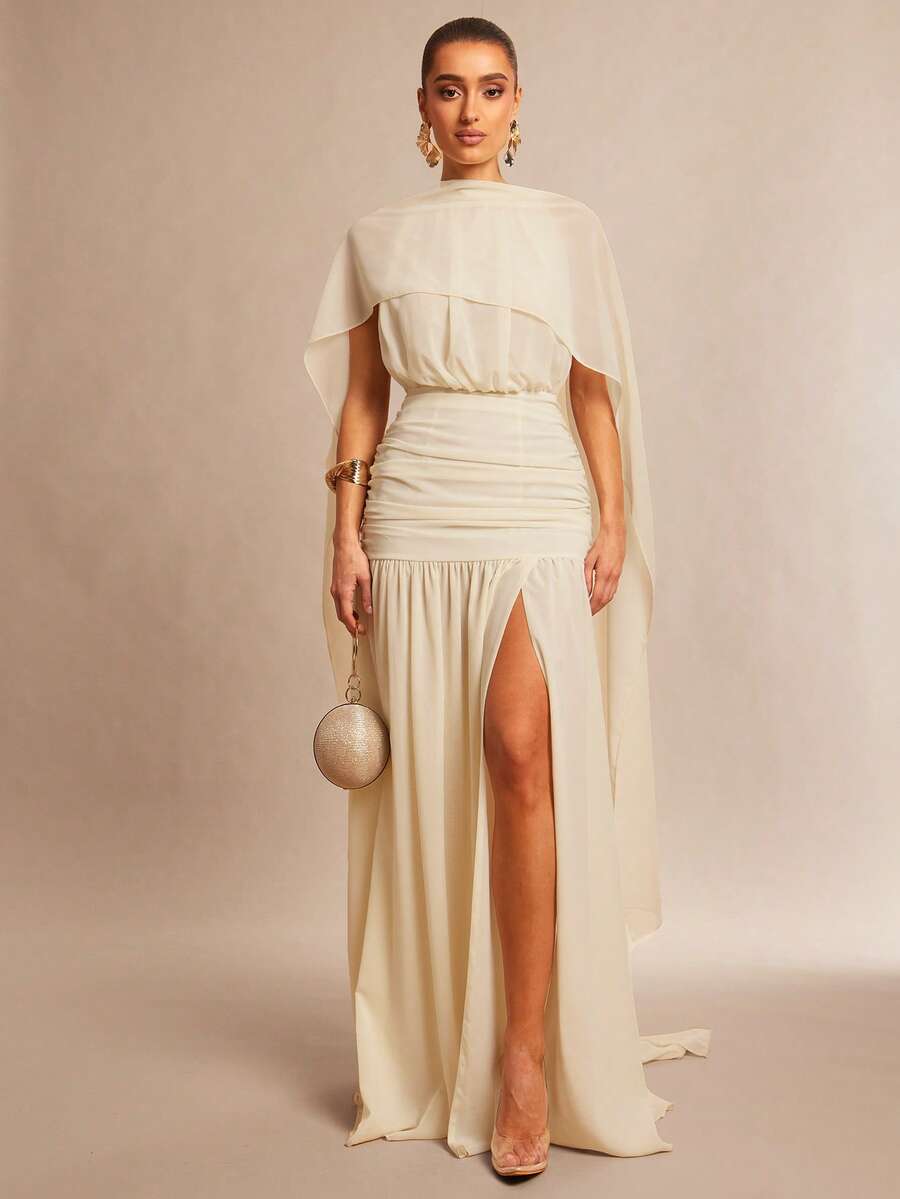 Silquee 象牙白露背雪纺透视褶皱裹身长裙，无袖露背连衣裙，优雅派对/日常/约会连衣裙，正式礼服，伴娘礼服，度假连衣裙，浪漫约会装，春夏款 - 淡黃色 - 查看 1