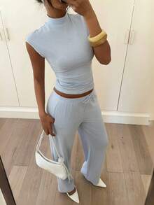 Siren Gaze Summer Outfits For Women Women's Striped Mandarin Collar Ruched Blouse And Pants Casual 2 Pieces Set - Blue - View 5