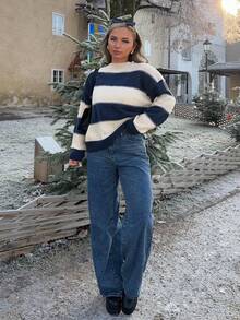 Jeta Ari Striped Loose Fit Round Neck Long Sleeve Sweater For Women,Long Sleeve Tops,Fall Women Clothes - Royal Blue - View 6