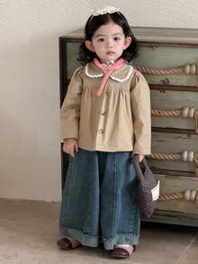 DAZY Toddler Girls' Lapel Lace Patchwork Casual Jacket, Spring/Autumn - Khaki - View 1