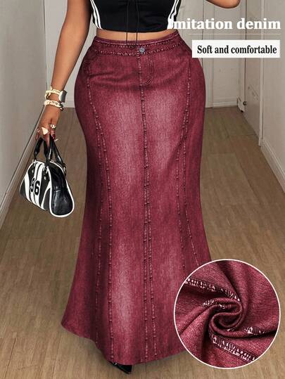 Maweii Plus Size Autumn/Winter Denim Effect Print Elegant Vintage Casual Cute Resort Skirt