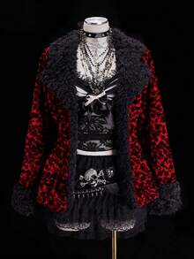 Sunspun Christmas Fashionable Faux Fur Collar Black & Red Leopard Print Fluffy Punk Goth Mid-Length Jacket - Multicolor - View 3