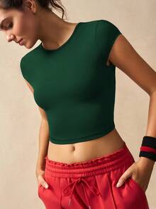 VARSIVA Solid Color Lace-Up Backless Fitted Cropped Sports T-Shirt Yoga Tops Open Back Athletic Top - Green - View 5