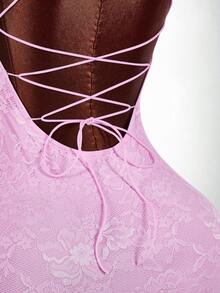 Amplova 蕾丝可爱性感交叉吊带连衣裙 - 粉色 - 查看 13