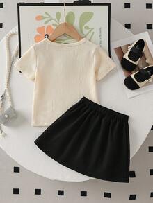 两件套：韩版时尚女童黑色钻石花朵短袖T恤+蝴蝶结珍珠百褶裙，休闲、度假、夏季时尚穿搭 - 杏色 - 查看 2