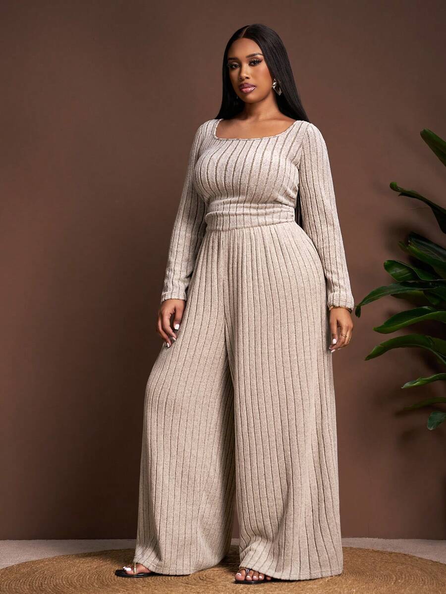 Slaydiva 2025 Autumn/Winter Fleece Ribbed Long Sleeve Jumpsuit - Apricot - View 1